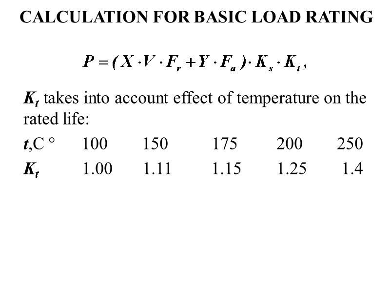CALCULATION FOR BASIC LOAD RATING Kt takes into account effect of temperature on the